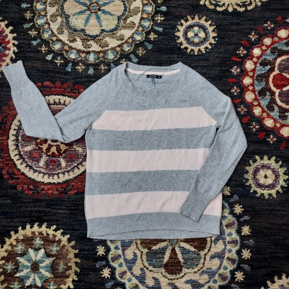 Apt 9 100% Cashmere Pullover Sweater Raglan Sleeve Striped Pink Gray Sz S